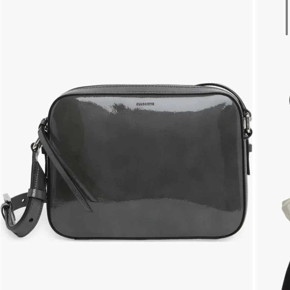 AllSaints Glossy Dark Gray Patent Leather Crossbody Bag